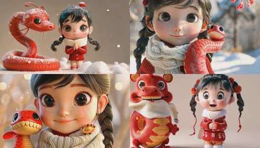 冬天卡通女孩与宠物小蛇 2025蛇年春节高清在线视频素材下载