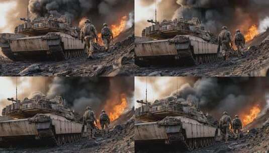 士兵伴随坦克行进场景高清在线视频素材下载