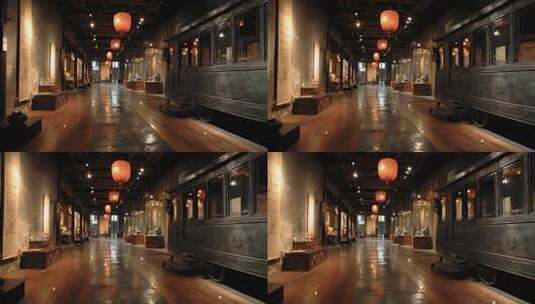 怀旧风格火车车厢静置于艺术展览空间高清在线视频素材下载
