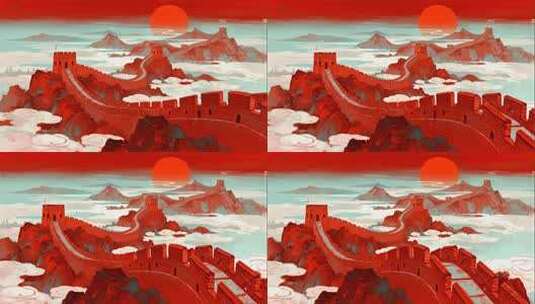 震撼史诗感红色长城云海磅礴风光动画高清在线视频素材下载
