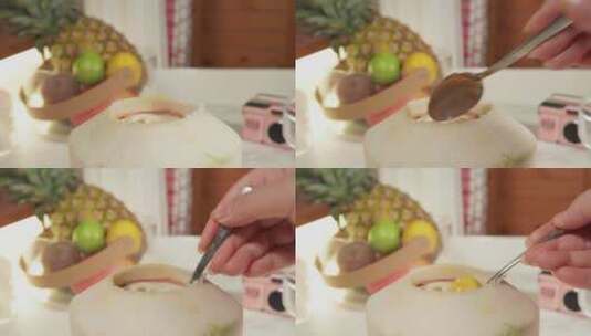 挖一勺美味芒果椰子冻甜品高清在线视频素材下载