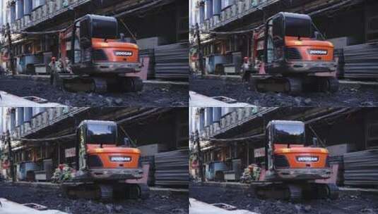 挖掘机在老城区施工高清在线视频素材下载