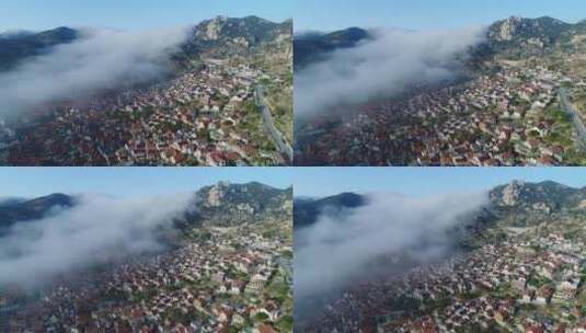 航拍崂山青山村平流雾高清在线视频素材下载