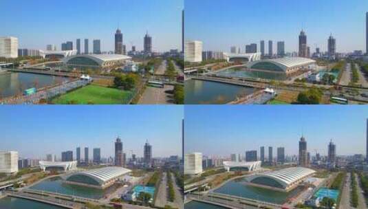 航拍上海前滩东方体育中心高清在线视频素材下载