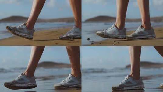海边穿着运动鞋散步的特写高清在线视频素材下载