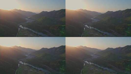 航拍杭州富阳山川河流唯美日出日落高清在线视频素材下载