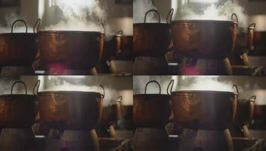 铜锅熬煮中药 冒蒸汽高清在线视频素材下载