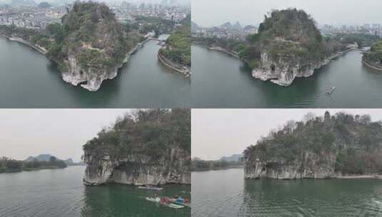 桂林象鼻山风景区风景游客船只山水航拍高清在线视频素材下载