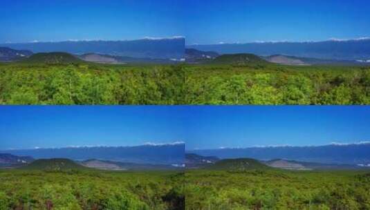 雪山下的绿色火山森林高清在线视频素材下载
