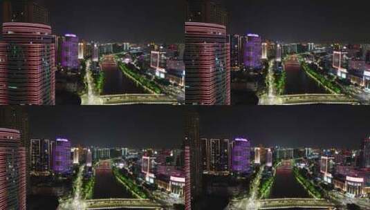 航拍浙江宁波城市夜景奉化江江夏桥高清在线视频素材下载