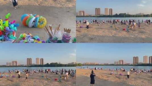 河边沙滩游玩的人小商贩高清在线视频素材下载