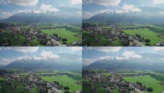 阿尔卑斯山山谷绿地上的列支敦士登鸟瞰图高清在线视频素材下载