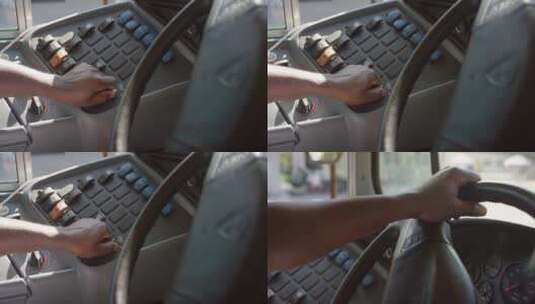 校车司机拧动按钮特写镜头高清在线视频素材下载