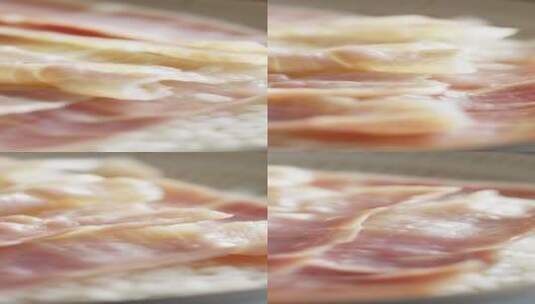 4K竖屏旋转火腿肉片蒸饭特写展示高清在线视频素材下载