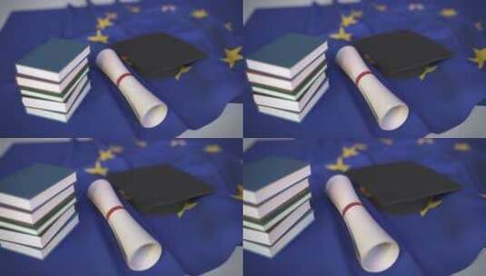 欧盟旗帜上的毕业帽和文凭高清在线视频素材下载