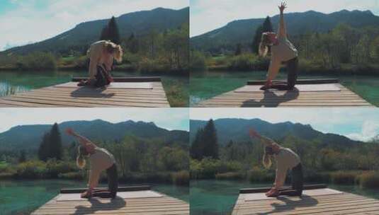 女人在湖边做冥想瑜伽高清在线视频素材下载
