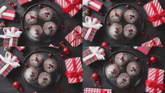 黑色陶瓷盘子里的圣诞巧克力松饼高清在线视频素材下载
