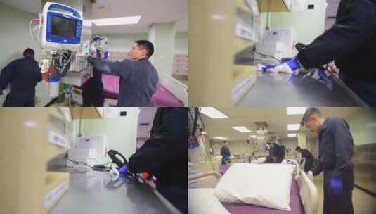 工作人员对医院内部清洁消毒高清在线视频素材下载