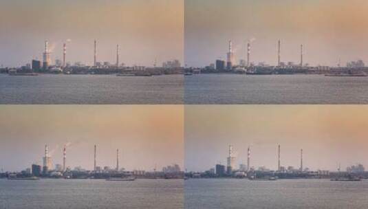 长江江畔的九江市发电厂黄昏延时高清在线视频素材下载