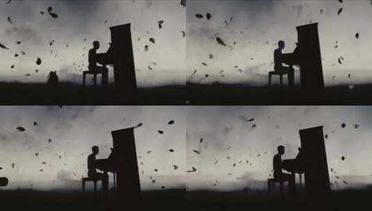 一个人在黑暗中弹钢琴的剪影高清在线视频素材下载