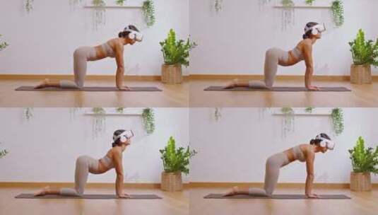 戴虚拟现实做瑜伽训练的女人高清在线视频素材下载