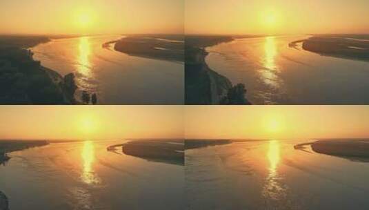 航拍母亲河黄河日出夕阳水面最后一道弯高清在线视频素材下载
