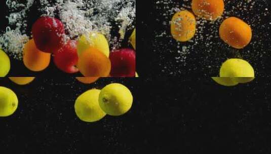 水果入水溅起大量水花的特写高清在线视频素材下载