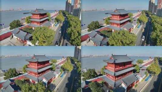 浔阳楼九江长江江堤航拍高清在线视频素材下载