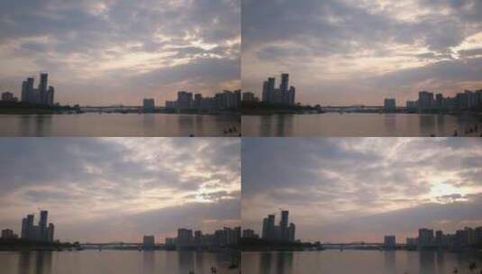 南宁邕江城市天际线剪影黄昏傍晚日落高清在线视频素材下载