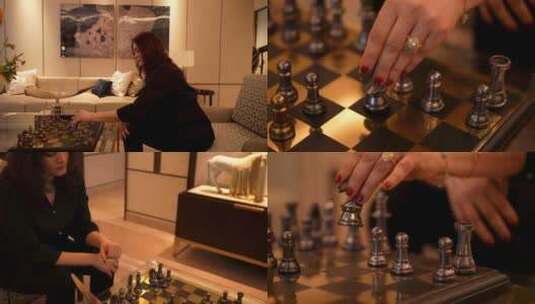 外国女士下国际象棋地产样板间人物形象镜头高清在线视频素材下载