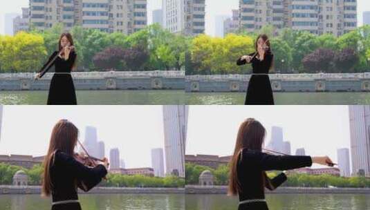 小提琴家天津海河边拉小提琴3高清在线视频素材下载
