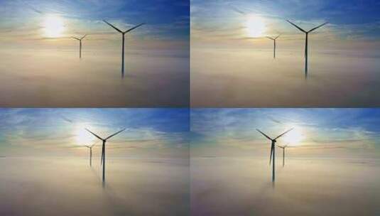 秋季日出时雾上的风力涡轮机高清在线视频素材下载