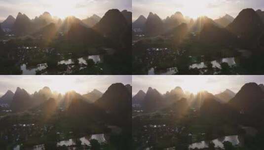 航拍桂林山脉日出日落高清在线视频素材下载