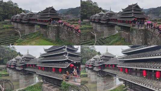 柳州三江程阳八寨景区程阳风雨桥航拍高清在线视频素材下载