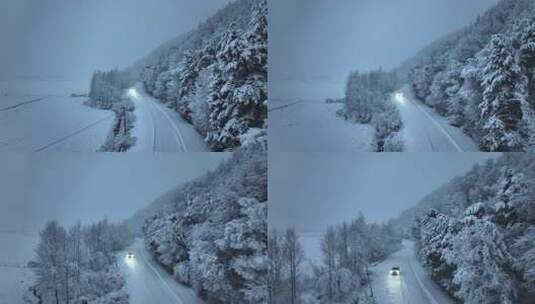 汽车行驶在冬天的林海雪原高清在线视频素材下载