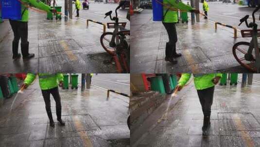 环卫工人清洗街道消毒高清在线视频素材下载