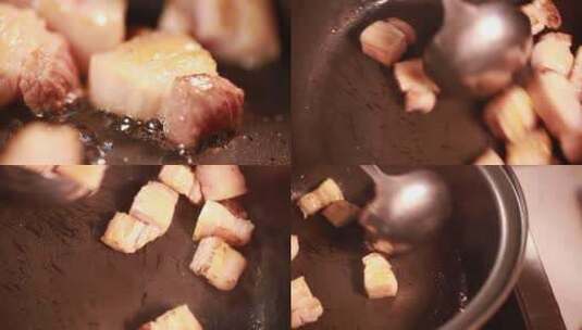【镜头合集】砂锅炒制猪肉五花肉熬猪油高清在线视频素材下载