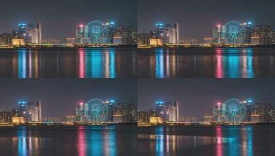 4k延时深圳前海湾区之光摩天轮夜景高清在线视频素材下载