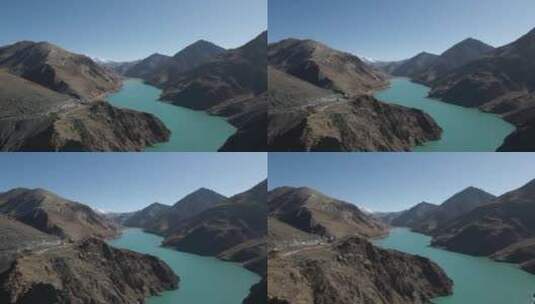 航拍羊卓雍错的山脉和水流高清在线视频素材下载