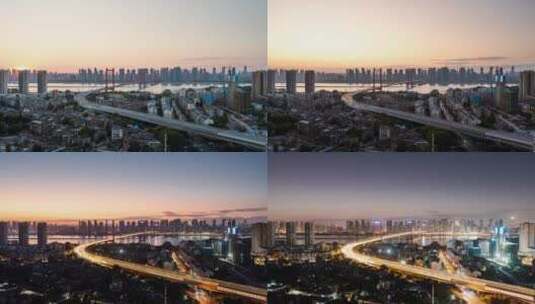 4K武汉宣传片鹦鹉洲长江大桥日落日转夜高清在线视频素材下载