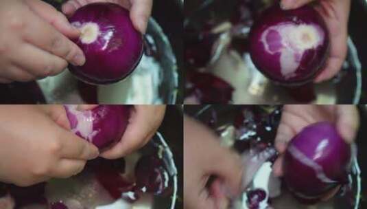清洗紫皮洋葱圆葱剥皮高清在线视频素材下载
