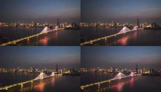 航拍武汉城市夜景灯光秀长江江景高清在线视频素材下载