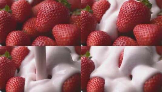 酸奶倒入新鲜的草莓中高清在线视频素材下载