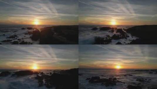 海上日出海鸥飞翔海边海浪拍打岩石高清在线视频素材下载
