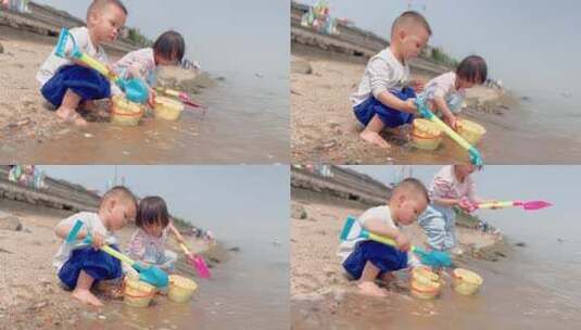 河边玩水的两兄妹高清在线视频素材下载