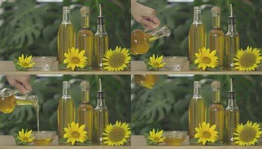 由葵花籽制成的老榨葵花籽油，用于烹饪和油炸高清在线视频素材下载