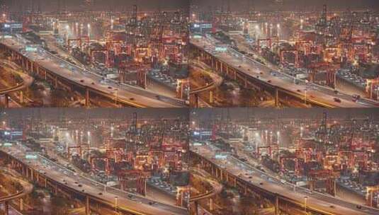 香港葵涌货柜码头车流夜景高清在线视频素材下载