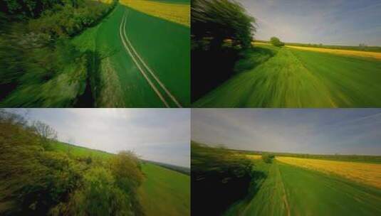 FPV无人机航拍农场绿树草地黄色花海高清在线视频素材下载