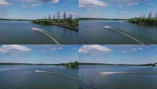 摩托艇在水上快速行驶。无人驾驶飞机俯瞰划过河流的船只高清在线视频素材下载