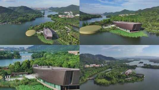 杭州湘湖跨湖桥博物馆4K航拍高清在线视频素材下载
